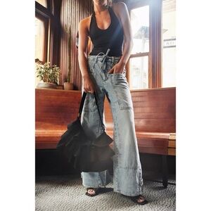 Free People CRVY Outlaw Wide Leg Jeans Drawstring Mid Rise Blue We The Free